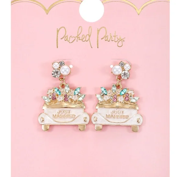 Packed Party Goldtone Just Married Earrings, Female, Bridal Theme, 1 Pair - Picture 2 of 2